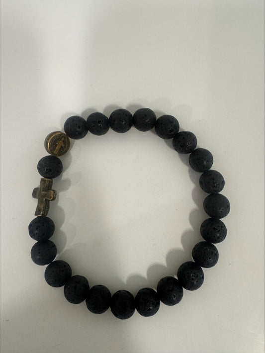 Bracelet - The Rosary Is The Way Lava Stone Bead with Bronze Cross - Black
