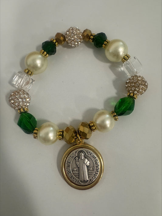 Bracelet - The Rosary Is The Way Faith with Fashion Bracelet - Crystal, Green, Pearl & Gold