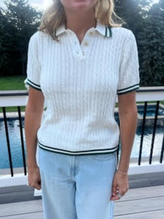 Ellsworth &amp; Ivey LADIES Cable Knit S/S Polo Sweater - White